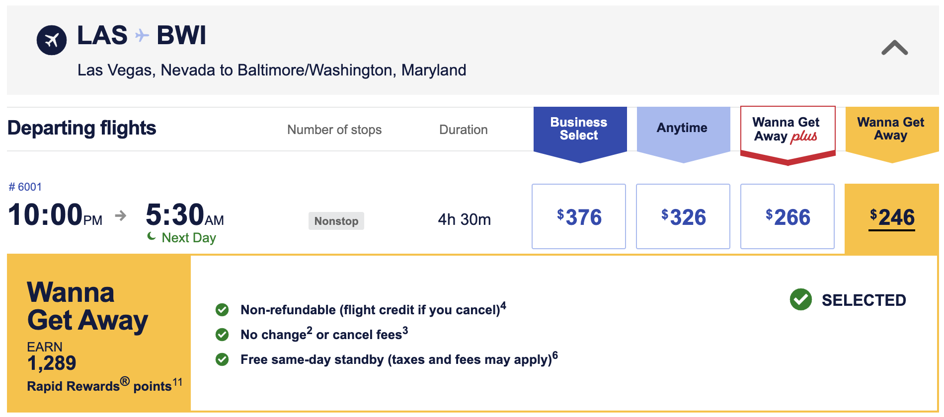 Southwest redeye flight itinerary.
